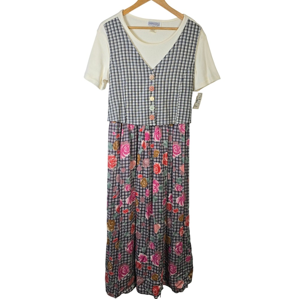 Impressions of California Women's Floral Plaid‎ Maxi Dress Button Cottagecore